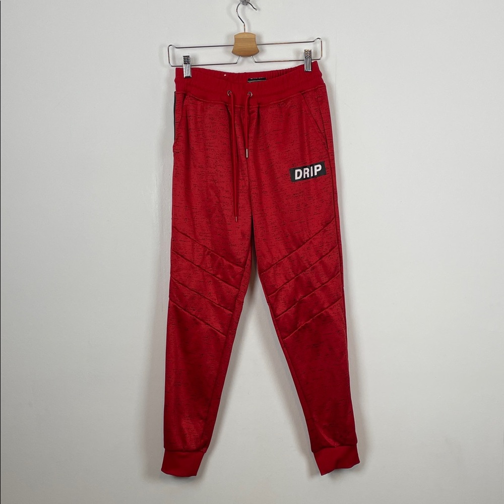 Retro Stitch Red Jogger Pants with 'DRIP' Logo Sweatpants Activewear Knit Pants